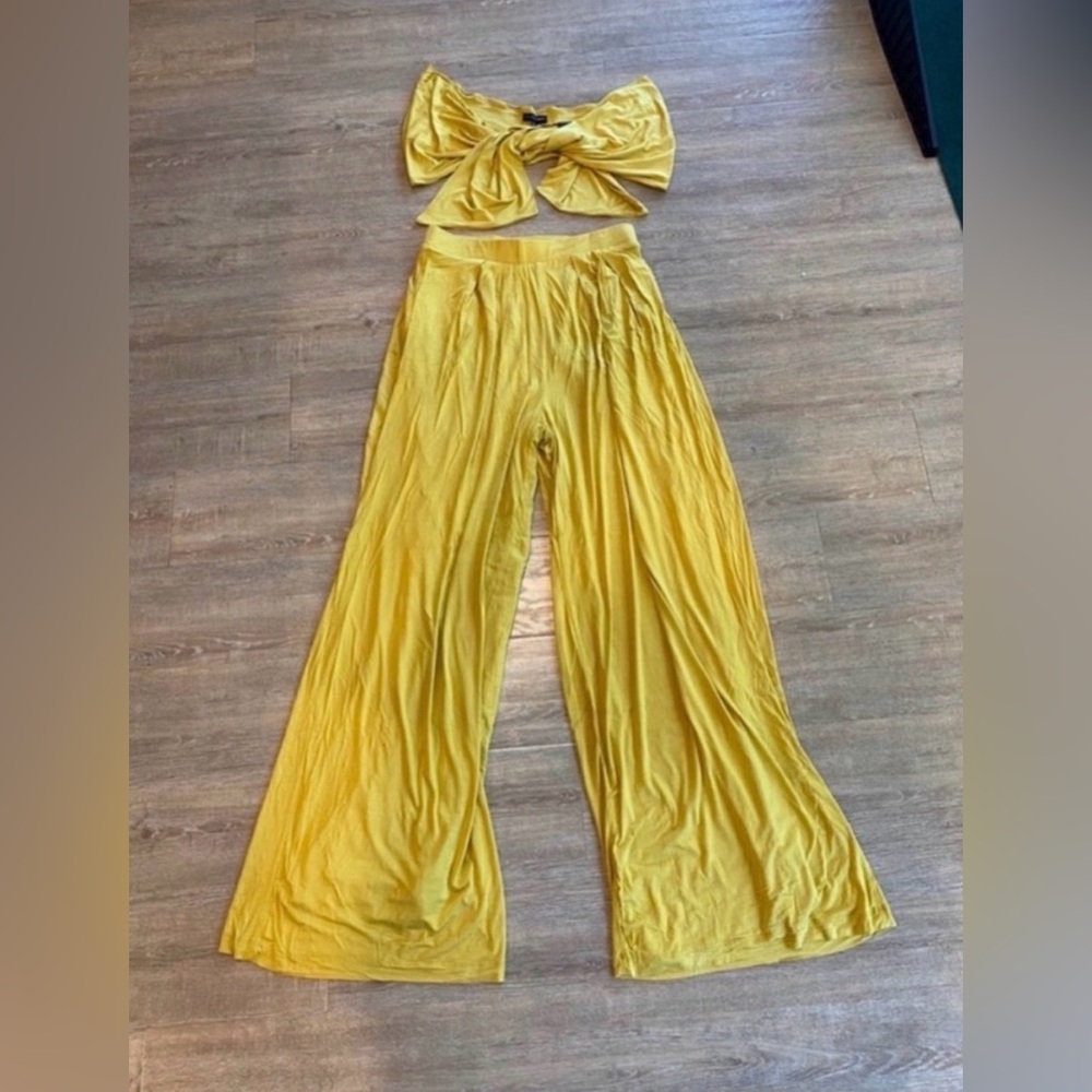 Mustard Yellow Two-Piece Crop Top & Wide-Leg Pants Set